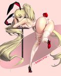  animal_ears artist_name ass bad_id bad_pixiv_id bent_over blonde_hair blue_eyes bunny_ears bunny_tail bunnysuit dadachyo high_heels legs long_hair looking_at_viewer original smile solo table tail text_focus thighhighs thighs twintails very_long_hair 