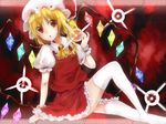  1girl arm_support ascot bad_id bad_pixiv_id blonde_hair blouse bow flandre_scarlet frilled_skirt frills from_side hat highres looking_at_viewer mob_cap no_shoes parted_lips puffy_short_sleeves puffy_sleeves red_eyes scrunchie short_hair short_sleeves side_ponytail sitting skirt skirt_set solo spell_card takanashi_keisuke thighhighs touhou white_legwear wings wrist_scrunchie 