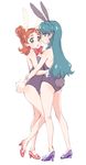  arms_around_waist ass azuma_yukihiko bare_legs bare_shoulders blue_eyes blush bow bowtie braid brown_hair bunnysuit commentary_request eyebrows french_braid go!_princess_precure hair_bun hand_on_ass haruno_haruka highres hug kaidou_minami long_hair looking_at_viewer multiple_girls precure short_hair thick_eyebrows wrist_cuffs 