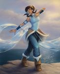  armband avatar_(series) blue_eyes boots brittany_fuerst brown_hair cloud full_body hair_tie highres korra multiple_tails ocean signature sky solo tail the_legend_of_korra water watermark web_address wristband 