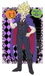  argyle bad_id bad_pixiv_id blonde_hair boots cape dragon_ball dragon_ball_z english fangs formal full_body green_eyes hand_on_hip holding hoshikawa_akira jack-o'-lantern male_focus neck_ribbon open_mouth pointy_boots pumpkin ribbon silk sleeves_rolled_up smile solo son_gokuu spider_web spiked_hair standing super_saiyan trick_or_treat vest 