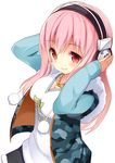  blush breasts cleavage headphones hood hoodie large_breasts long_hair looking_at_viewer nitroplus pink_hair pom_pom_(clothes) red_eyes shuuichi_(gothics) sleeveless sleeveless_hoodie smile solo super_sonico 