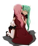  bespectacled blush closed_eyes ear_licking fingering glasses green_hair hatsune_miku highres hug kneeling licking long_hair maid mary_janes megurine_luka multiple_girls nejikyuu open_mouth pink_hair pussy_juice shoes simple_background sitting sweat thighhighs twintails very_long_hair vocaloid white_background white_legwear yuri 