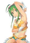  ahoge arm_up armpits bare_shoulders crop_top frog goggles goggles_on_head green_eyes green_hair gumi jpeg_artifacts navel open_mouth orange_shirt see-through shirt short_hair short_hair_with_long_locks sidelocks sitting solo sweat vocaloid washi_no_tosaka 