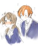  1girl blazer blush brown_hair closed_eyes genderswap genderswap_(ftm) hetero jacket kousaka_honoka long_hair love_live! love_live!_school_idol_project minami_kotori mofun orange_hair otonokizaka_school_uniform school_uniform smelling wavy_mouth 