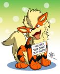  2014 ambiguous_gender arcanine black_fur blonde_hair canine coshi-dragonite cute english_text feral fur hair looking_at_viewer mammal nintendo nude open_mouth paws pok&eacute;mon pok&eacute;shaming red_eyes red_fur sign sitting smile solo stripes teeth text tongue tongue_out video_games yellow_fur 