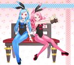 anais_del_caril animal_ears bangs bench benya_(tales_weaver) between_breasts blue_bow blue_hair bow breasts bunny_ears bunny_girl bunny_tail bunnysuit detached_collar diamond_(shape) fake_animal_ears floral_background flower frills hair_flower hair_ornament hand_puppet heart high_heels leecheie long_hair looking_at_viewer matching_outfit multiple_girls pantyhose pink_hair pink_legwear polka_dot ponytail puppet red_bow red_eyes see-through sitting sleeveless small_breasts smile stuffed_animal stuffed_toy swept_bangs tail tales_weaver teddy_bear very_long_hair wavy_hair white_flower wrist_cuffs 