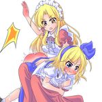  2girls :t alice_margatroid alice_margatroid_(pc-98) apron bent_over blonde_hair blue_dress blue_eyes blue_hairband blush breasts brown_eyes chestnut_mouth clothes_grab dress dress_grab eyebrows eyebrows_visible_through_hair eyes_visible_through_hair full-face_blush hairband long_hair lying_on_person maid maid_apron maid_headdress medium_breasts multiple_girls open_mouth otogawa pout puffy_short_sleeves puffy_sleeves ribbon shirt short_hair short_sleeves sidelocks simple_background sitting spanked spanking tearing_up tears touhou touhou_(pc-98) trembling white_background white_shirt yumeko 