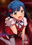  :d ayano_yuu_(sonma_1426) blue_hair claw_pose fang fingerless_gloves gloves idolmaster idolmaster_million_live! looking_at_viewer my_dear_vampire nanao_yuriko open_mouth signature smile solo spider_web_print thighhighs v-shaped_eyebrows yellow_eyes 