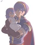  1boy 1girl baby blue_eyes blue_hair brown_gloves cape elbow_gloves eye_contact fingerless_gloves fire_emblem fire_emblem:_kakusei fire_emblem:_monshou_no_nazo gloves highres looking_at_another lucina luna-arts marth sally_(luna-arts) signature tiara time_paradox 