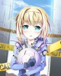  baby_magnum blonde_hair blue_eyes blush bodysuit caution_tape heavy_object hellnyaa milinda_brantini object_(vehicle) open_mouth sailor_collar short_hair solo upper_body waist_cape 