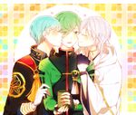  aqua_hair black_gloves blush boy_sandwich cheek_kiss closed_eyes cup double_cheek_kiss eyes_visible_through_hair fingerless_gloves gloves green_eyes green_hair hair_over_one_eye heart hood ichigo_hitofuri japanese_clothes kiss male_focus military military_uniform multiple_boys necktie open_mouth sandwiched smile tayashigu_(suisyounohosizora) touken_ranbu tsurumaru_kuninaga uguisumaru uniform white_gloves white_hair yaoi yunomi 