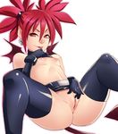  1girl anus bat_wings belt biting black_gloves black_legwear breasts clitoral_stimulation clitoris demon_girl demon_tail demon_wings disgaea earrings elbow_gloves etna flat_chest gloves greenmarine highres jewelry lip_biting lips looking_at_viewer lying makai_senki_disgaea mini_wings nipples no_panties nose on_back pointy_ears presenting pussy reclining red_eyes red_hair shirt_lift short_twintails skirt skirt_lift skull_earrings small_breasts smile solo spread_legs tail thighhighs twintails uncensored wings 