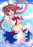  :d bare_shoulders blush braid breasts brown_hair cleavage detached_sleeves hair_ribbon highres ibuki_haruhi large_breasts long_hair navel open_mouth original red_eyes ribbon sailor_collar skirt smile solo thighhighs twin_braids underboob 
