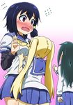  black_hair blonde_hair blush censored fig_sign flying_sweatdrops hair_tubes hand_gesture kani_club komori-san_wa_kotowarenai! komori_shuri long_hair multiple_girls negishi_masako nishitori_megumi penetration_gesture school_uniform serafuku short_hair skirt wavy_mouth 