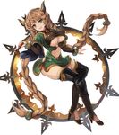  armor bangs black_legwear blush bracelet braid breasts brown_hair carmelina_(granblue_fantasy) covered_nipples draph eruthika full_body gem granblue_fantasy green_eyes high_heels highres holding holding_weapon horns jewelry large_breasts light_brown_hair long_hair long_sleeves looking_at_viewer navel pointy_ears short_over_long_sleeves short_sleeves side_slit simple_background smile solo twin_braids underboob underboob_cutout very_long_hair weapon wide_sleeves 