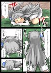  bad_feet closed_eyes clothes_sniffing comic gaoo_(frpjx283) grabbing highres kneeling minigirl object_hug original shirt side_ponytail smelling smile tablet-tan translated 