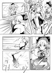  alice_margatroid boots bow capelet comic doll_joints dress greyscale hair_bow highres hisany-spacecrayon kicking long_hair molotov_cocktail monochrome multiple_girls necktie shanghai_doll sword touhou weapon 