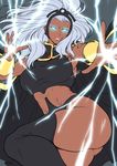  armpits ass black_legwear breasts cape curvy dark_skin electricity fighting_stance flat_color floating_hair foreshortening from_side glowing glowing_eyes headdress large_breasts leotard lips long_hair looking_at_viewer marvel midriff no_pupils o-ring o-ring_top ororo_munroe outstretched_arm parted_lips shouji_nigou simple_background solo storm_(x-men) superhero taut_clothes thick_thighs thighhighs thighs toned vambraces white_hair x-men 