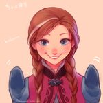  a-ka anna_(frozen) blue_eyes braid english freckles frozen_(disney) grin hands_up mittens orange_hair smile solo twin_braids upper_body 