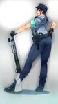  absurdres ass beretta_92 brown_hair denim glasses gloves grey_eyes gun handgun highres jeans legs long_hair looking_at_viewer looking_back onibi_(foxhound4185) original pants pantylines parted_lips police police_uniform policewoman ponytail remington_870 shotgun solo uniform weapon 