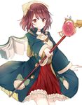  atelier_(series) atelier_sophie bad_id bad_pixiv_id book bow brown_eyes brown_hair coat collared_coat corset cowboy_shot dress frilled_skirt frills green_bow head_scarf holding holding_staff kuran_(yourcatissick) long_coat long_sleeves open_book red_dress red_skirt short_hair skirt smile solo sophie_neuenmuller staff underbust white_background wide_sleeves 