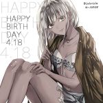  bangs blue_eyes breasts cleavage danganronpa dark_skin dated eyebrows_visible_through_hair front-tie_bikini front-tie_top grey_bikini_top grey_skirt hand_on_own_knee happy_birthday holding_brush long_hair looking_at_viewer miniskirt navel new_danganronpa_v3 ribbon shell_necklace shiny shiny_skin silver_hair sitting skirt small_breasts smile solo strapless strapless_bikini twitter_username white_background white_ribbon yonaga_angie z-epto_(chat-noir86) 