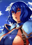  adelina_olmi armor blue_eyes blue_hair breasts cloud commentary_request day kanpani_girls large_breasts lolicept short_hair sky solo 
