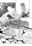  1girl bare_shoulders bleeding blood close-up comic face fingernails fujiwara_no_mokou greyscale holding holding_sword holding_weapon injury japanese_clothes long_hair long_tongue monochrome open_mouth sarashi scabbard sharp_teeth sheath sheathed simple_background stabbing surprised sword teeth tongue tongue_out touhou upper_body weapon white_background youkai 