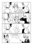  adrian_ferrer animal_ears bangs blunt_bangs bunny_ears closed_eyes comic detached_sleeves english extra_ears frog_hair_ornament greyscale hair_ornament hair_ribbon hairband kochiya_sanae konpaku_youmu konpaku_youmu_(ghost) long_hair monochrome multiple_girls no reisen_udongein_inaba ribbon salute short_hair smoke snake_hair_ornament speech_bubble star talking touhou vest 