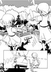  adrian_ferrer aki_shizuha clone comic danmaku english flying forest greyscale leaf leaf_on_head lunasa_prismriver mizuhashi_parsee monochrome multiple_girls nature pointy_ears short_hair touhou tree violin_case 