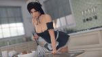  1girl 3d alternate_costume apron artist_request bent_over breasts duster enmaided headdress highres indoors kitchen lara_croft maid maid_apron maid_headdress nipples ponytail solo source_request table tomb_raider tomb_raider_(reboot) 