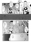  1boy 2girls :d ahoge aircraft_carrier_oni bangs capera carrying closed_eyes comic enemy_aircraft_(kantai_collection) eyebrows_visible_through_hair gauntlets greyscale hat highres horns kantai_collection long_hair mittens monochrome multiple_girls northern_ocean_hime notice_lines o_o one_side_up open_mouth pointing shinkaisei-kan shoulder_carry smile spoken_exclamation_mark translated v-shaped_eyebrows 