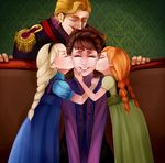  3girls agdar_(frozen) anna_(frozen) blonde_hair braid brown_hair cheek_kiss closed_eyes double_cheek_kiss elsa_(frozen) family frozen_(disney) girl_sandwich happy head_kiss idunn_(frozen) kiss motherly multiple_girls orange_hair sandwiched smile tin994 