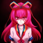  blood blood_on_face bloody_tears breasts cleavage frown giffany gravity_falls hair_ribbon highres izzu-shi medium_breasts pink_eyes pink_hair ribbon ribbon_cable signature solo upper_body 