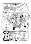  0_0 4girls 4koma animal_ears asagumo_(kantai_collection) blush bound bound_wrists bow bowtie cat_ears chibi comic double_bun emphasis_lines eyebrows_visible_through_hair fake_animal_ears giant_squid greyscale hair_bow highres jitome kantai_collection michishio_(kantai_collection) miniskirt monochrome multiple_girls musical_note non-web_source nose_blush open_mouth pleated_skirt restrained shinkaisei-kan skirt squid surprised suspender_skirt suspenders sweat tenshin_amaguri_(inobeeto) tentacles translated v-shaped_eyebrows wo-class_aircraft_carrier yamagumo_(kantai_collection) 