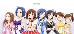  ahoge amami_haruka antenna_hair aqua_eyes black_eyes black_hair blue_hair brown_eyes brown_hair closed_eyes futami_ami futami_mami grin hair_ribbon hairband highres idolmaster idolmaster_(classic) jabara_tornado kikuchi_makoto kisaragi_chihaya looking_at_viewer microphone minase_iori miura_azusa multiple_girls my_song_(idolmaster) one_eye_closed purple_eyes ribbon siblings side_ponytail sisters smile tears twins wristband 