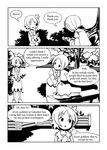  adrian_ferrer aki_shizuha comic english greyscale instrument leaf leaf_on_head lunasa_prismriver maple_leaf monochrome multiple_girls nature short_hair touhou tree violin 