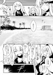  +_+ 4girls :d ? ahoge aircraft_carrier_oni bangs beach blush capera comic container day eyebrows_visible_through_hair greyscale highres hood hood_up horizon horns kantai_collection long_hair monochrome multiple_girls northern_ocean_hime notice_lines one_side_up open_mouth outdoors palm_tree re-class_battleship rock scarf sharp_teeth shinkaisei-kan shore short_hair smile sparkle speech_bubble striped striped_scarf sweat ta-class_battleship teeth translated tree v-shaped_eyebrows 