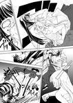  2girls bare_shoulders battle bleeding blood blood_spray clenched_hand clenched_hands clenched_teeth comic empty_eyes face_punch falling fujiwara_no_mokou greyscale houraisan_kaguya in_the_face injury japanese_clothes monochrome multiple_girls no_pupils nosebleed punching tears teeth touhou 