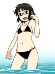  :d bikini black_bikini black_eyes black_hair fang glasses navel open_mouth original sakaki_imasato short_hair smile solo standing swimsuit wading water 