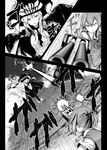  cape comic doujinshi enemy_aircraft_(kantai_collection) firing greyscale headgear ichifuji_nitaka_(phase_nine) kantai_collection monochrome multiple_girls neck_ribbon ribbon school_uniform shinkaisei-kan shiranui_(kantai_collection) weapon wo-class_aircraft_carrier 