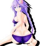 absurdres ass bikini blue_eyes blush braid breasts commentary_request flower from_behind hair_flower hair_ornament highres long_hair looking_at_viewer looking_back medium_breasts neptune_(series) purple_hair purple_heart solo swimsuit symbol-shaped_pupils tamaki_(tamaki_pic) twin_braids very_long_hair 