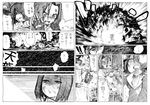  blood comic explosion eyepatch fingerless_gloves fukanensei gloves greyscale hair_intakes headgear injury kantai_collection monochrome multiple_girls school_uniform short_hair tatsuta_(kantai_collection) tenryuu_(kantai_collection) translated 