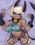  animal_ears belt black_gloves blue_eyes breasts cat_ears cat_tail character_name covered_nipples dark_skin fingerless_gloves gloves heart large_breasts ms._fortune_(skullgirls) purple_background short_hair short_shorts shorts skullgirls solo tail toi_(toiot) tongue tongue_out underboob white_hair 