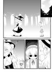  alice_margatroid alice_margatroid_(pc-98) apron bow braid comic empty_eyes forest futa_(nabezoko) gradient gradient_background greyscale hair_ribbon hairband hat hat_bow highres hitodama kirisame_marisa long_hair monochrome multiple_girls nature puffy_short_sleeves puffy_sleeves ribbon short_hair short_sleeves single_braid touhou touhou_(pc-98) tree witch_hat wrist_cuffs younger 