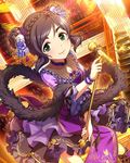  artist_request black_hair china_dress chinese_clothes double_bun dress feather_boa flower green_eyes hair_flower hair_ornament idolmaster idolmaster_cinderella_girls microphone microphone_stand official_art short_hair solo yao_feifei 