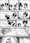  &gt;_&lt; animal animal_ears bird bunny_ears cat_ears cat_tail chen closed_eyes comic dress flying greyscale hat holding inaba_tewi kawashiro_nitori looking_at_another md5_mismatch mob_cap monochrome multiple_girls multiple_tails nekomata niiko_(gonnzou) puffy_short_sleeves puffy_sleeves rock shaded_face short_hair short_sleeves speech_bubble standing stone_skipping tail talking throwing touhou translated two_tails water 