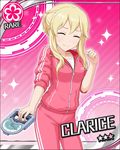  artist_request blonde_hair card_(medium) character_name clarice_(idolmaster) closed_eyes flower_(symbol) idolmaster idolmaster_cinderella_girls official_art pink_background solo sparkle track_suit 