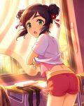  artist_request black_hair curtains desk double_bun flower green_eyes hair_flower hair_ornament idolmaster idolmaster_cinderella_girls official_art open_mouth school_desk shorts smile solo sunlight towel undressing window yao_feifei 